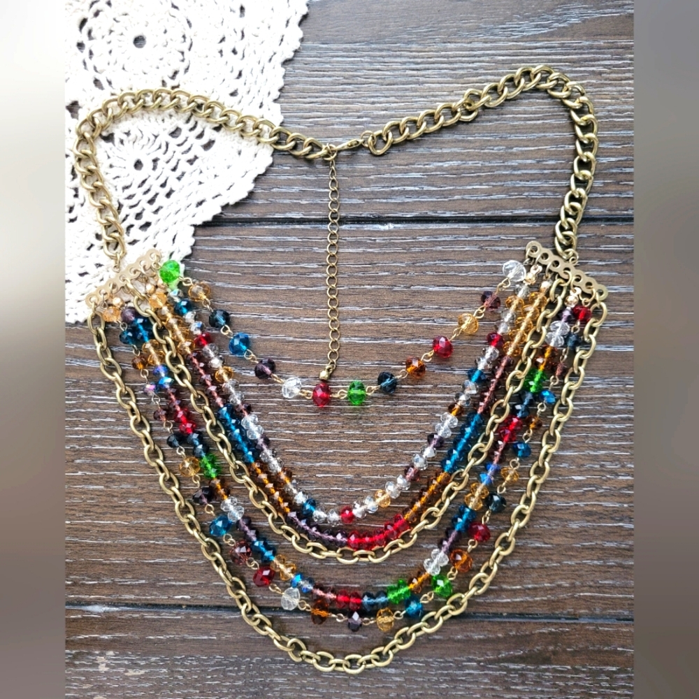 Multi-strands multi-colored glass beads necklace